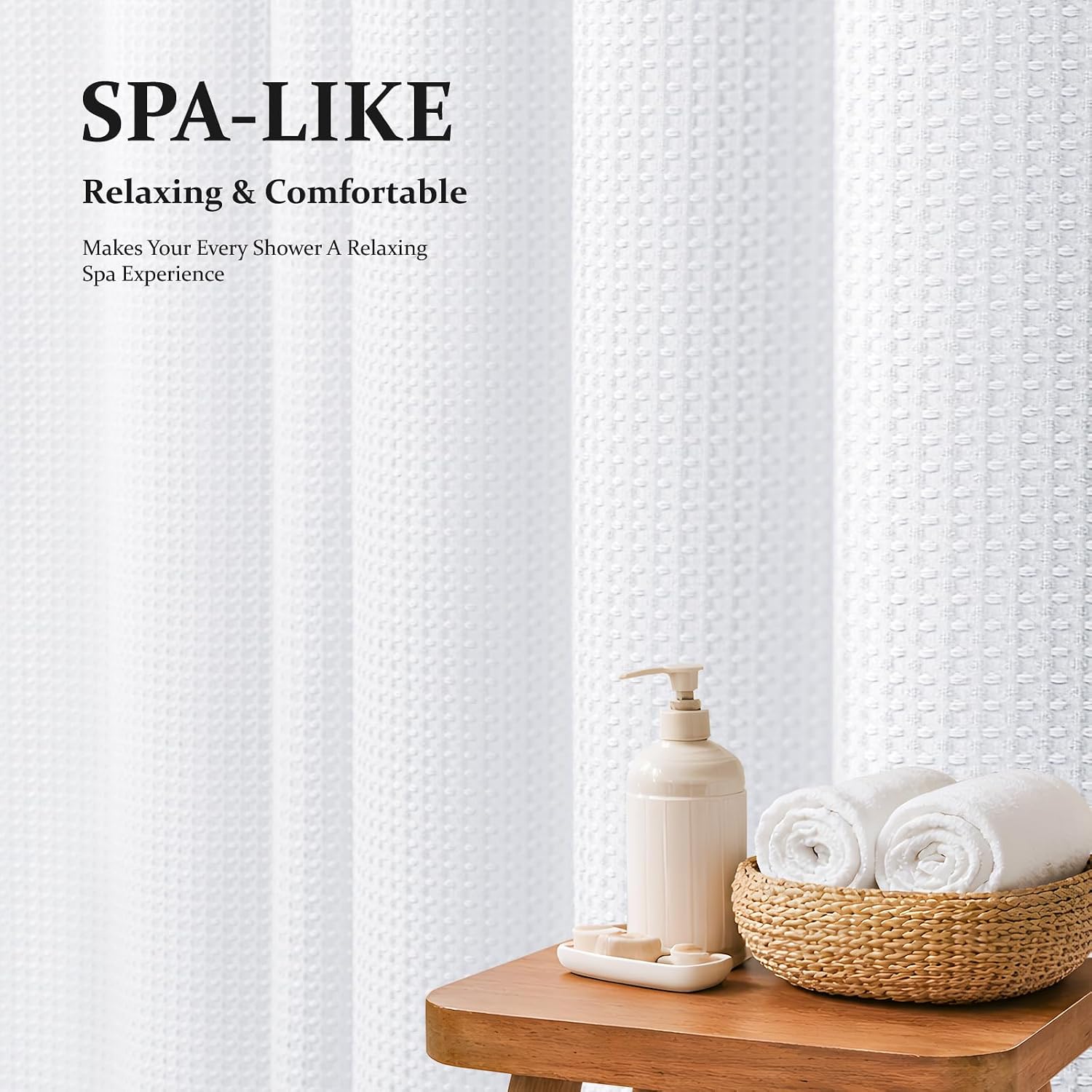 Waffle Shower Curtain 256 GSM Heavy Duty Fabric 72"x72" White | Thick Polyester Cloth, Weighted Hem, Water Repellent