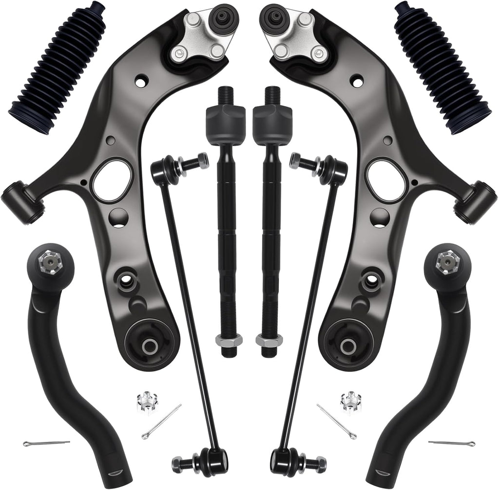 AUQDD 10Pc Front End Suspension Kit Fit For 2006-2018 To-yota RAV4, 2 Lower Control Arm w/Ball Joint 2 Sway Bar Link 4 Outer & Inner Tie Rod End (# K620586 K620587 K750043 EV800328 ES800053 ES800054)