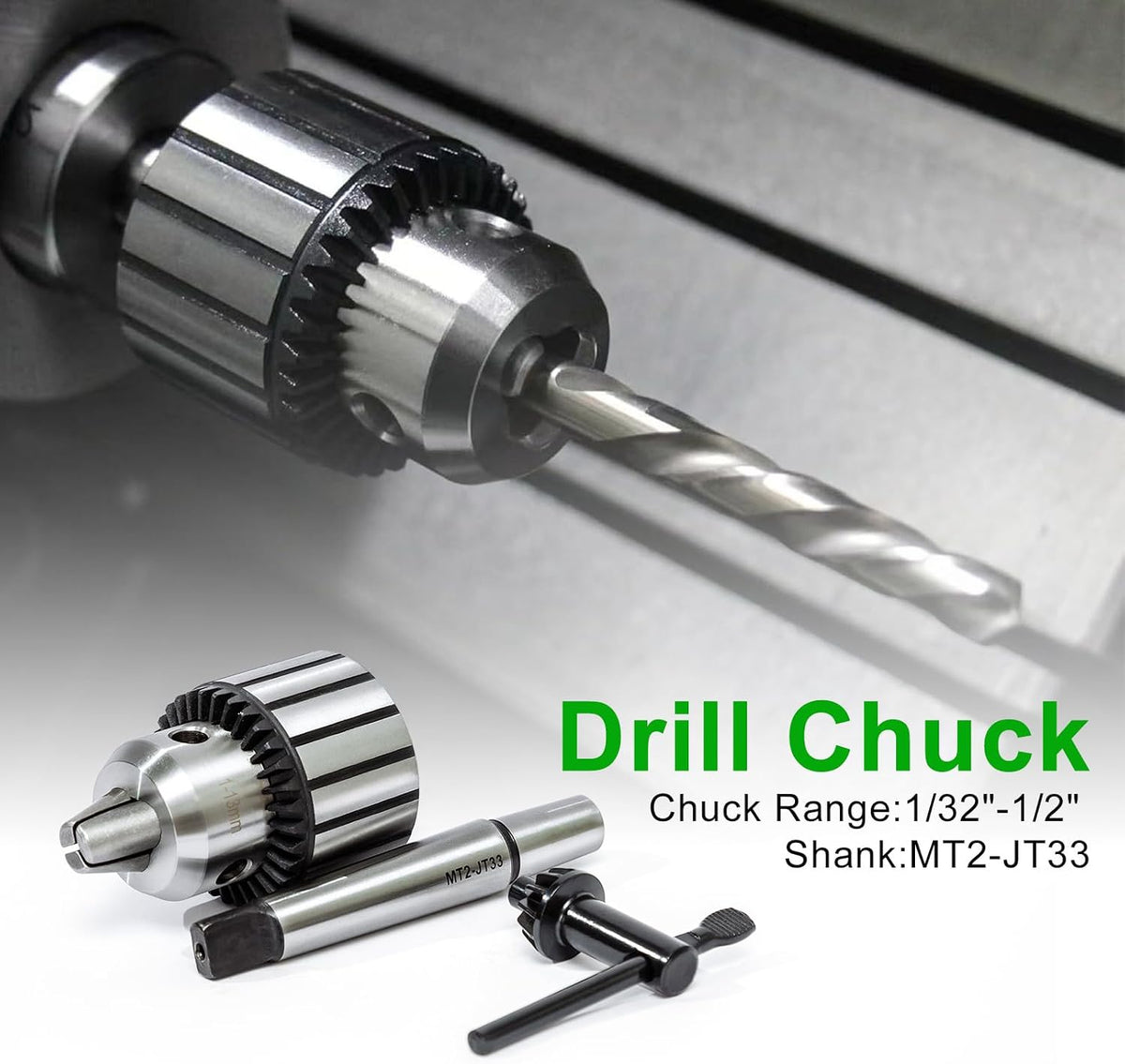 Drill Press Chuck 1/32"-1/2"(1-13mm) MT2-JT33 Lathe Drill Chuck with MT2 Morse Taper Arbor and Chuck Key 3-Jaw for Lathes Drilling Machine