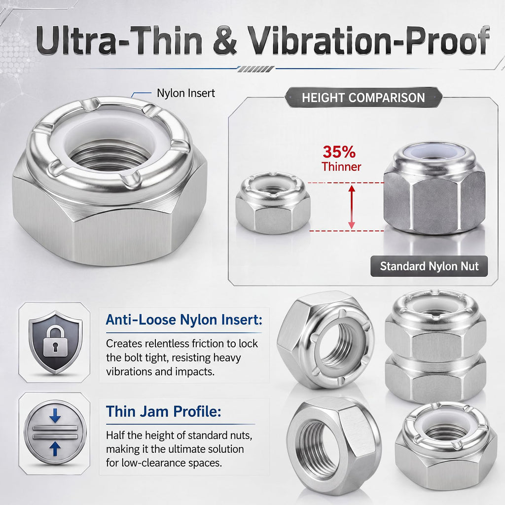 Shimeyao 50 Pack 1/4-20 Thin Nylon Insert Lock Nuts,Silver