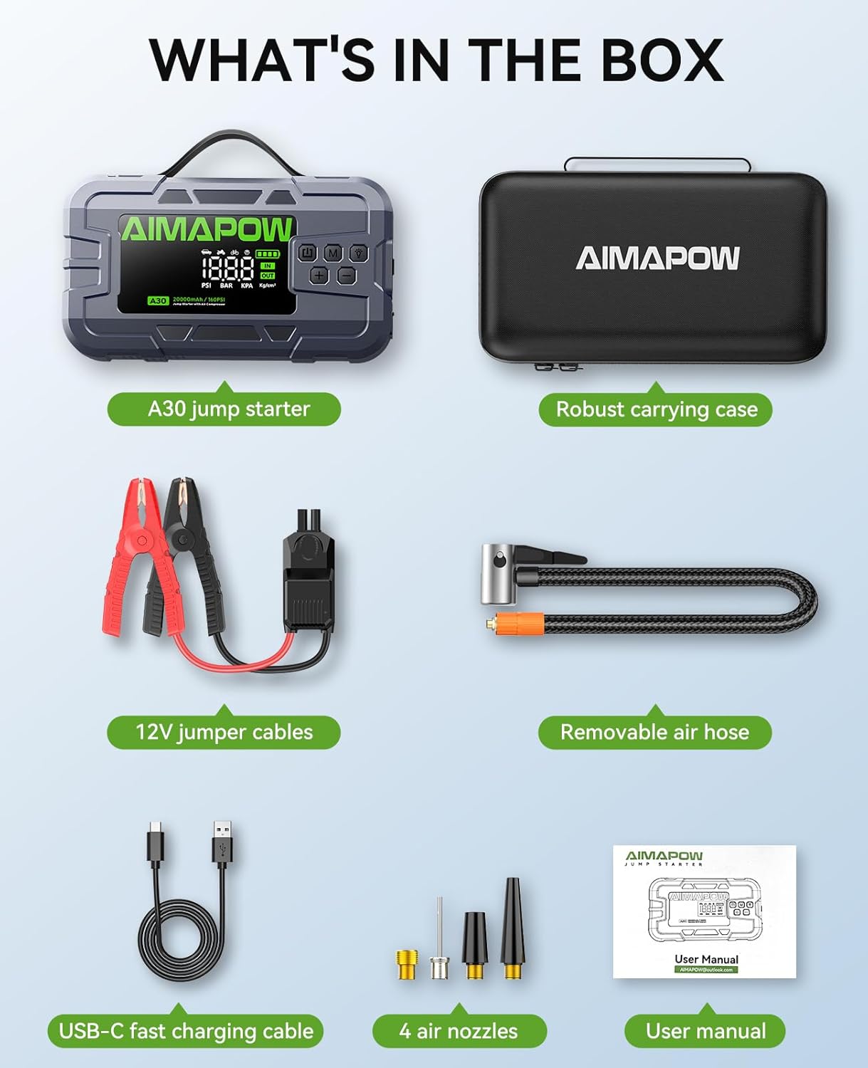 Car Battery Jump Starter with Air Compressor 8000A 160PSI, Jump Starter Portable (All Gas/12L Diesel), 12V Car Jump