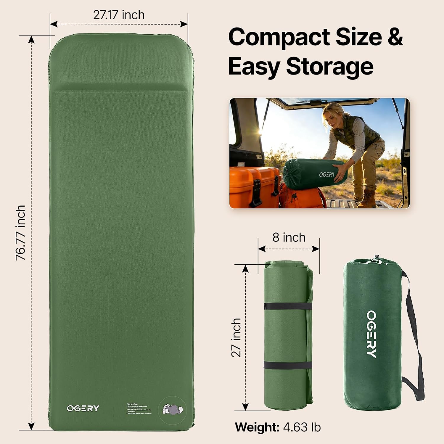 Self-Inflating Sleeping Pad, 3" Memory Foam Camping Mattress | Built-in Foot Pump, Insulated Foam, Memory Foam, Car
