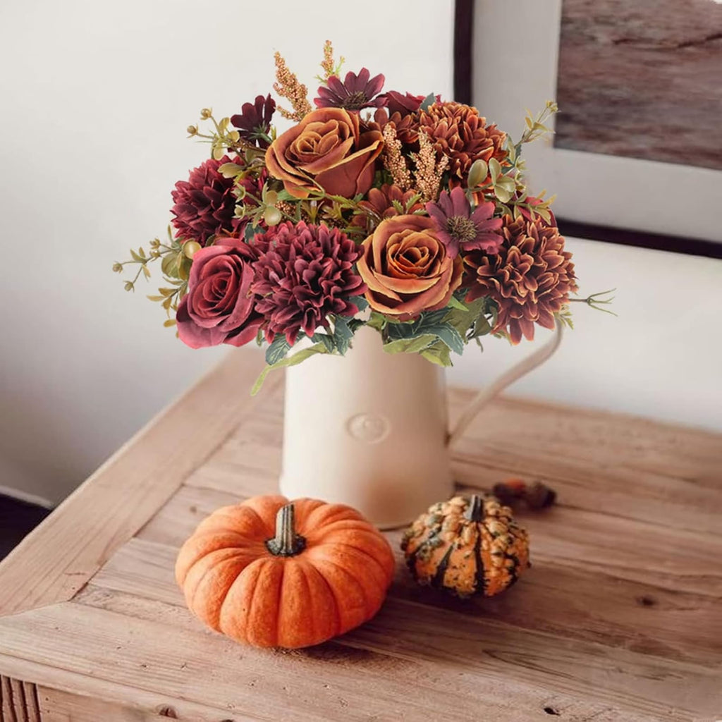 2 Pcs Artificial Fall Flowers, Fake Silk Fall Flowers, Orange+Red