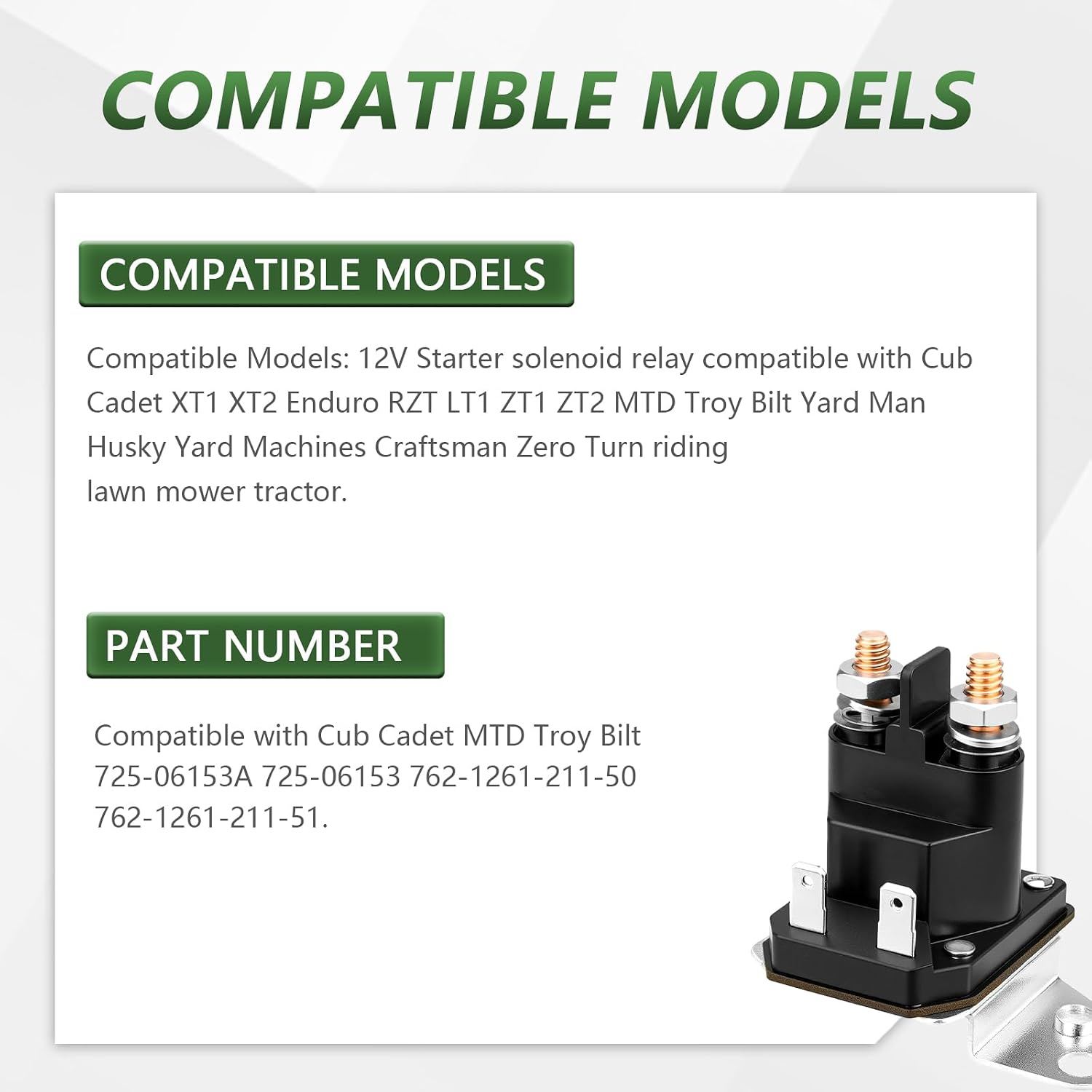 725-06153A Starter Solenoid for Cub Cadet XT1 XT2 Enduro RZT LT1 ZT1 ZT2 MTD Troy Bilt Yard Man Husky Yard Machines