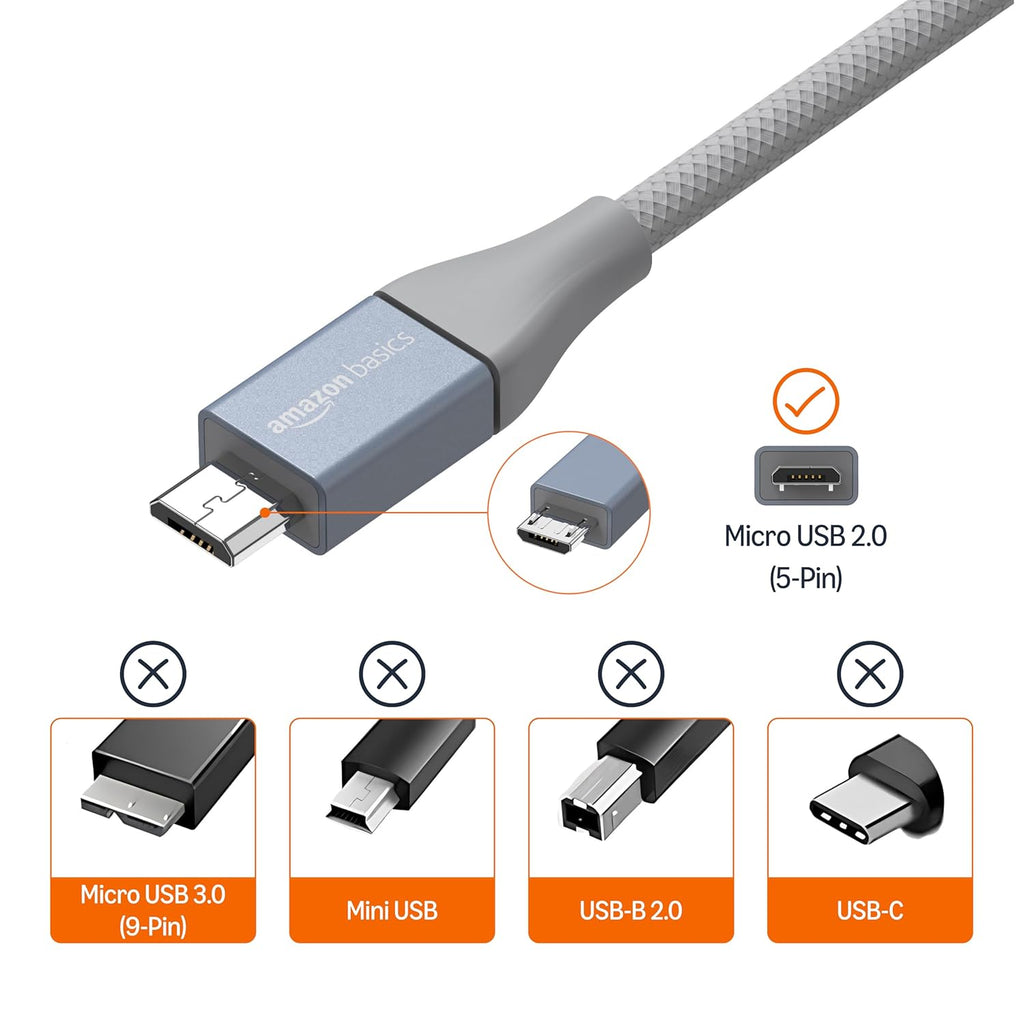 Micro USB to USB-A 2.0 Fast Charging Cable, Nylon Braided Cord, Android Charger, 480Mbps Transfer Speed, 6 Foot, Dark
