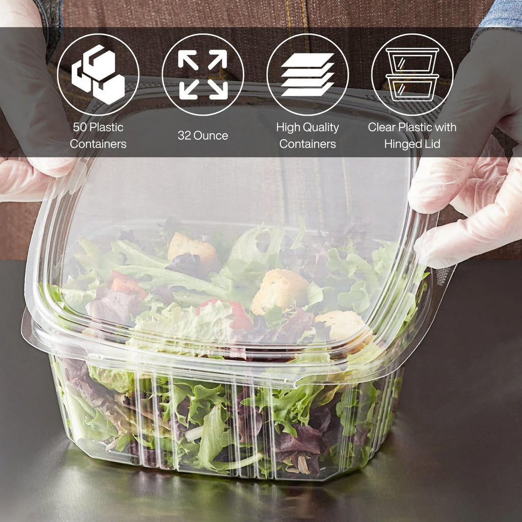 Deli Containers with Hinged Lids, Clear PET Plastic, 32 Ounces, 50 Count, Clamshell, Rectangular, Leak-Resistant