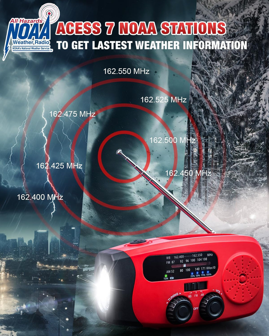 Hand Crank Radio with AM/FM/NOAA Weather Band,for Emergencies | 3 LED Flashlights,SOS Function,Solar Powered,Hand