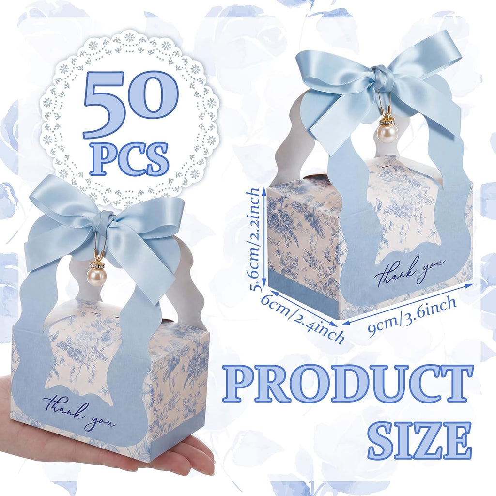 50 Sets Floral Wedding Favor Boxes with Pearl Pendant Bow, Blue