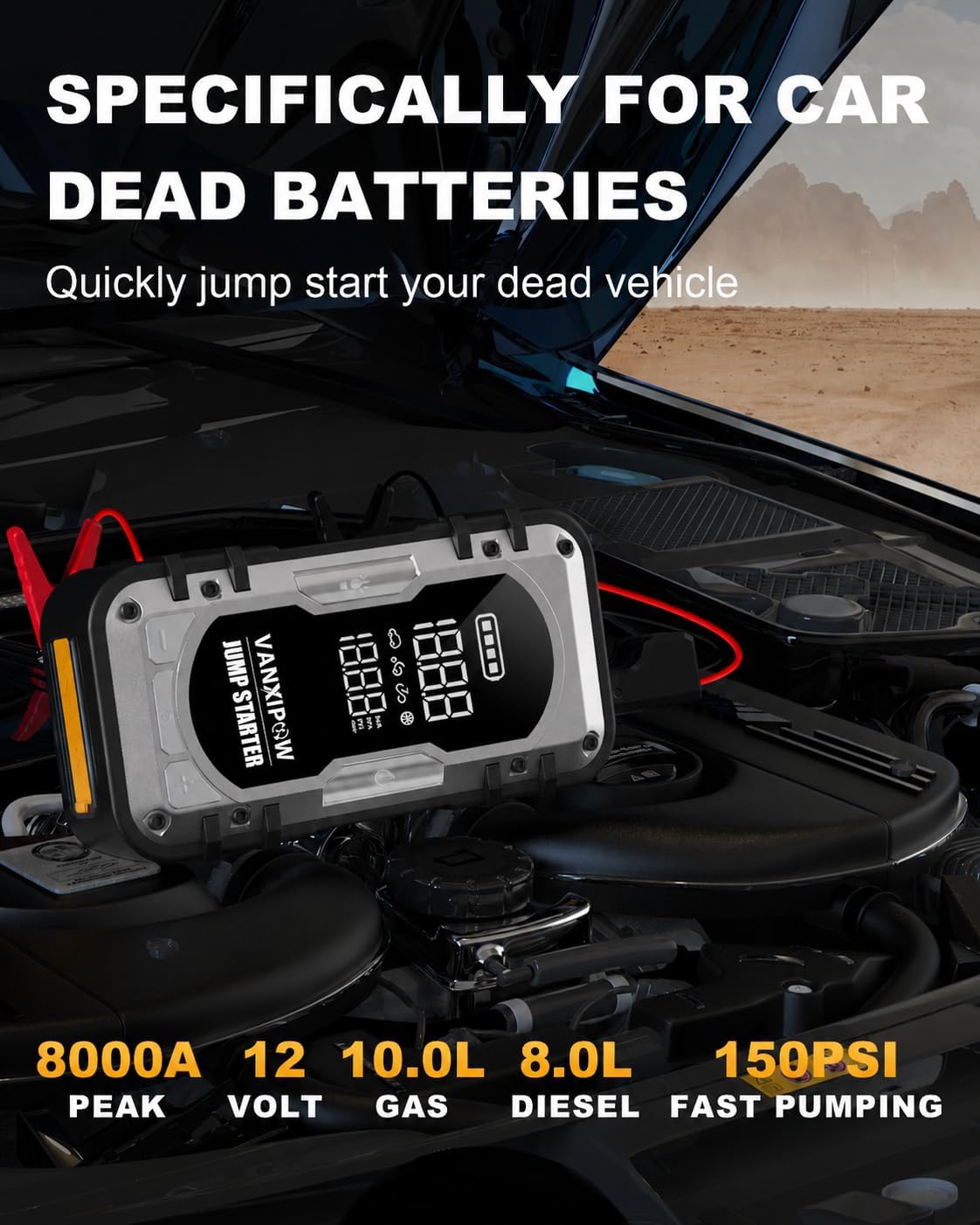 8000A Portable Car Battery Jump Starter with Air Compressor, 150PSI (9.0 L Gas/8.0L Diesel), 12V Jump Box Car Battery