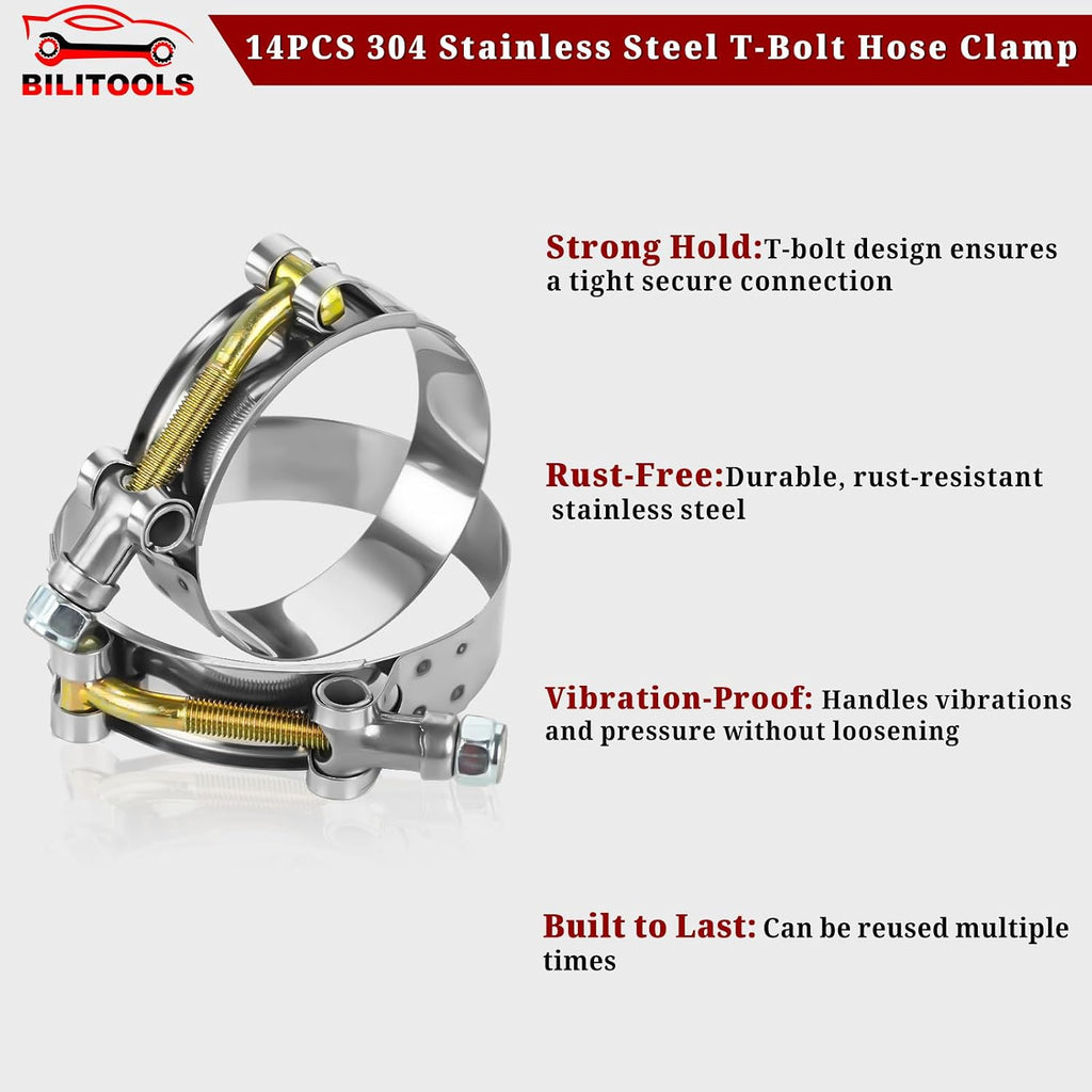 14Pcs T-Bolt Radiator Hose Clamp Set, Stainless Steel, 1" to 3" | 304 Stainless Steel, Nylon Locknut, Leak-Proof