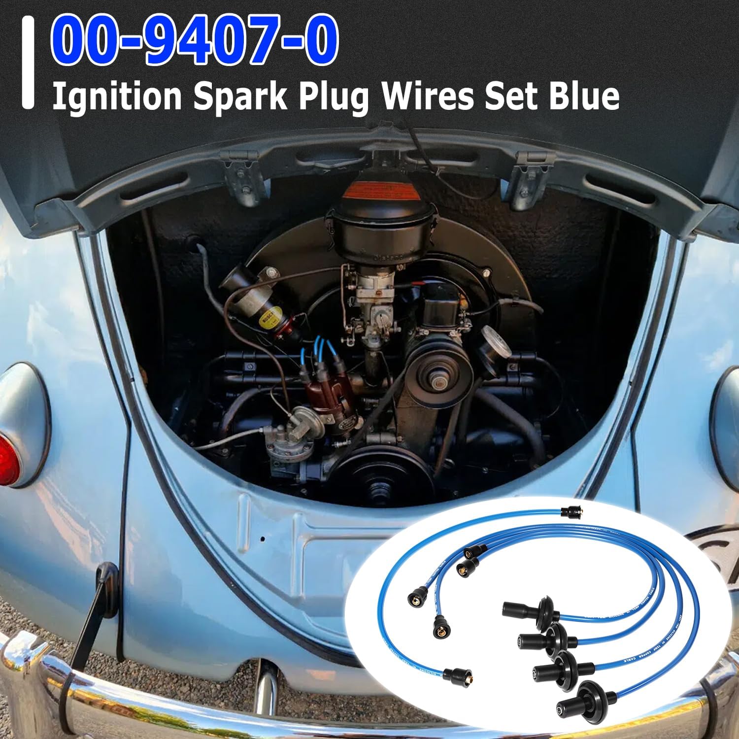 7mm Blue Silicone Ignition Plug Wires Set, 00-9407-0 Spark Plug Wire Set for VW Type 1 Bug, Beetle, Karmann GHIA