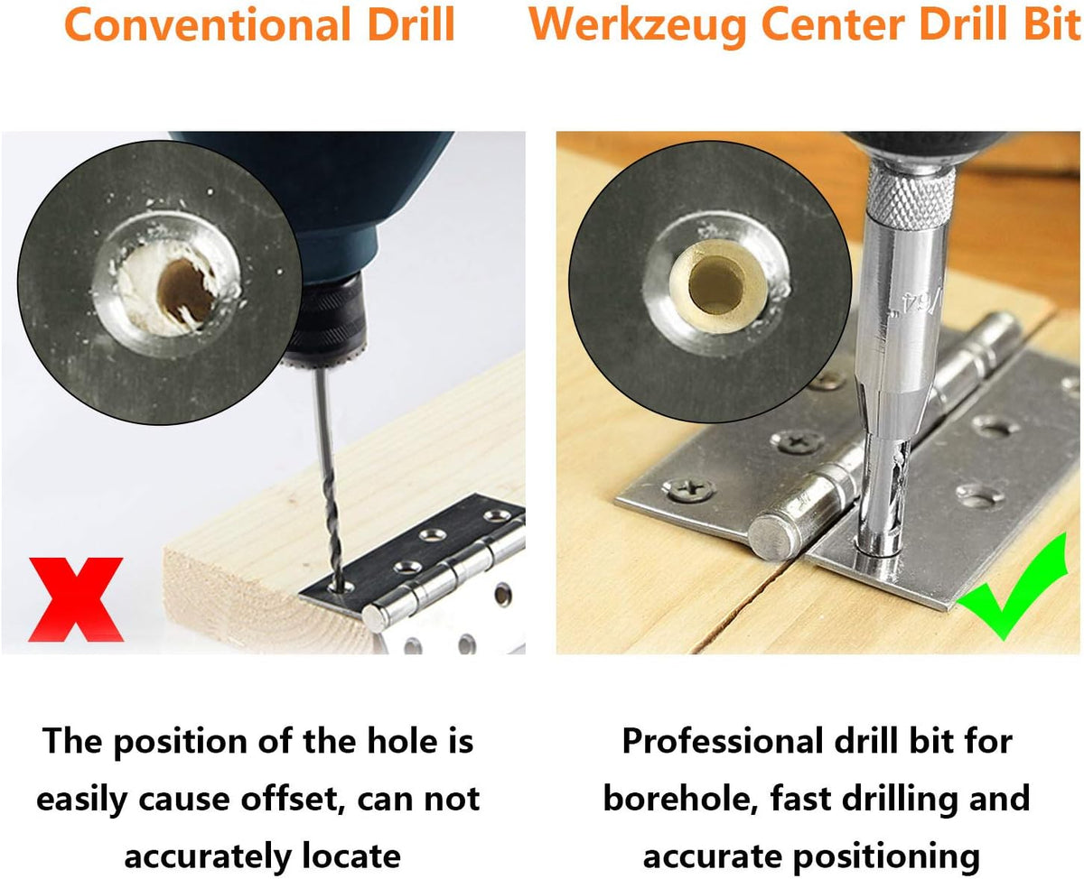 Werkzeug Self Centering Hinge Tapper Core Drill Bit Set for Woodworking, Adjustable Door Window Drill Bits with 1 Hex Key & 8 Replacement Drill Bits (5/64-1/4 Inches), 16 Pieces