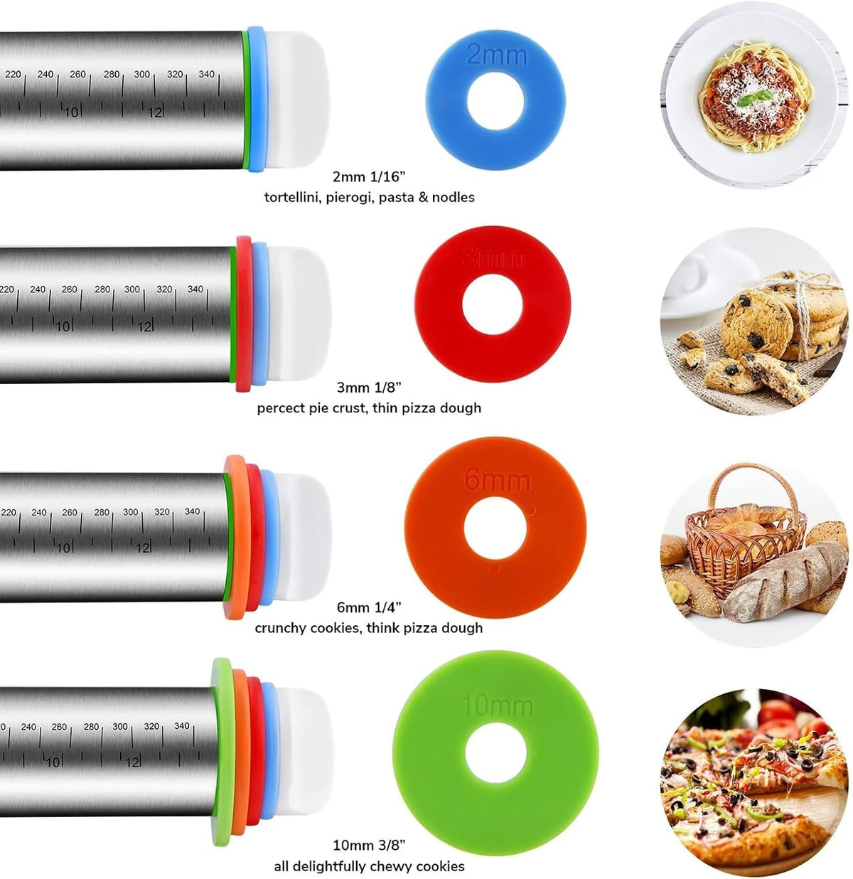 Stainless Steel Rolling Pin and Silicone Mat Set, Adjustable Thickness Rings
