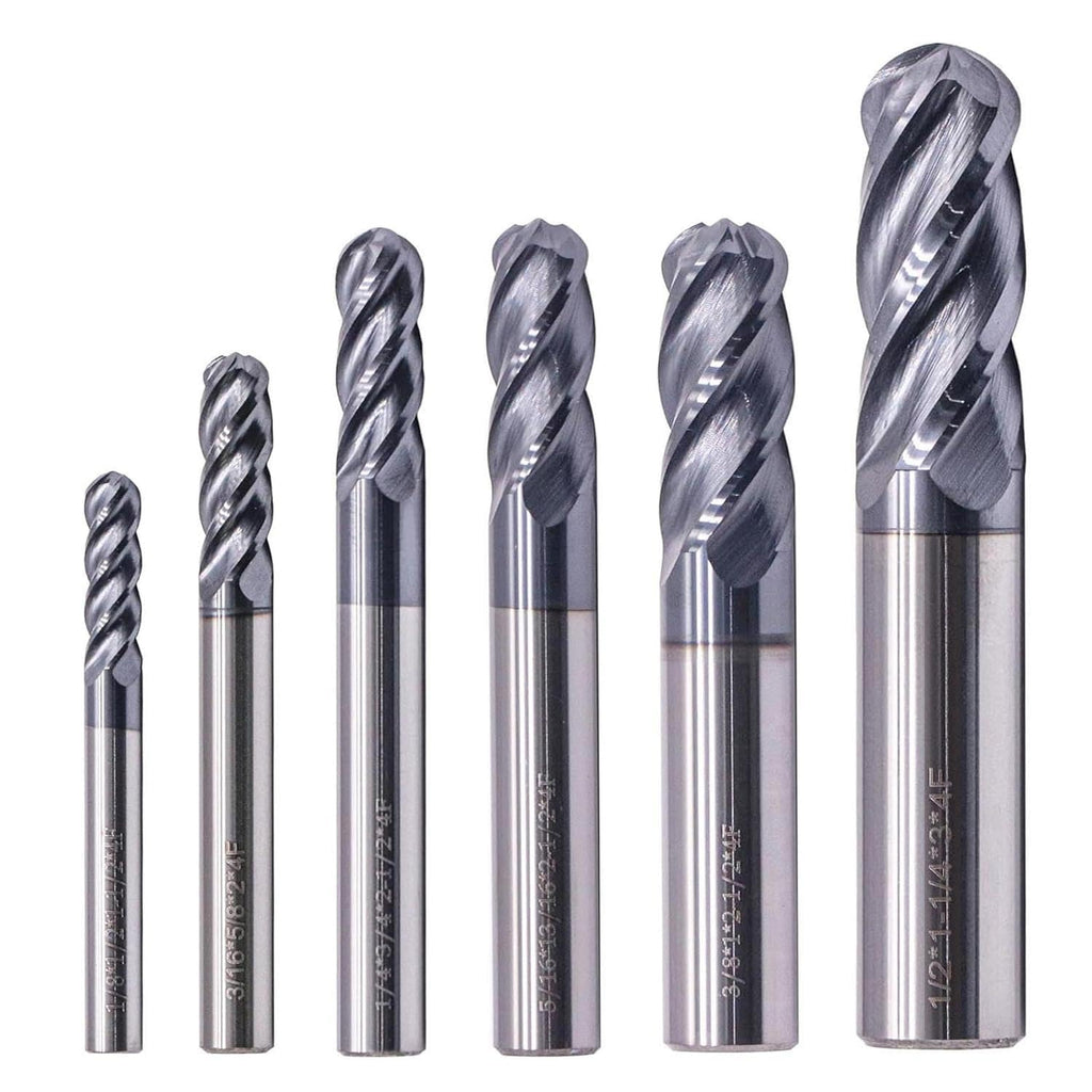 6Pcs 1/8"-1/2" 4 Flute Solid Carbide Ball Nose End Mills Set - AlTiN Coated