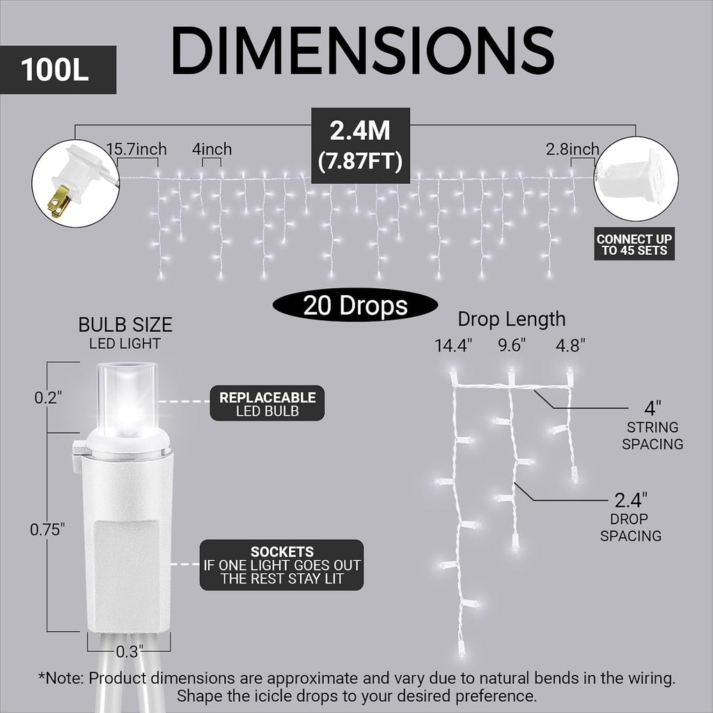 100 LED Icicle Lights String Light Warm white Christmas Decoration Plug in Waterproof Professional Grade Outdoor