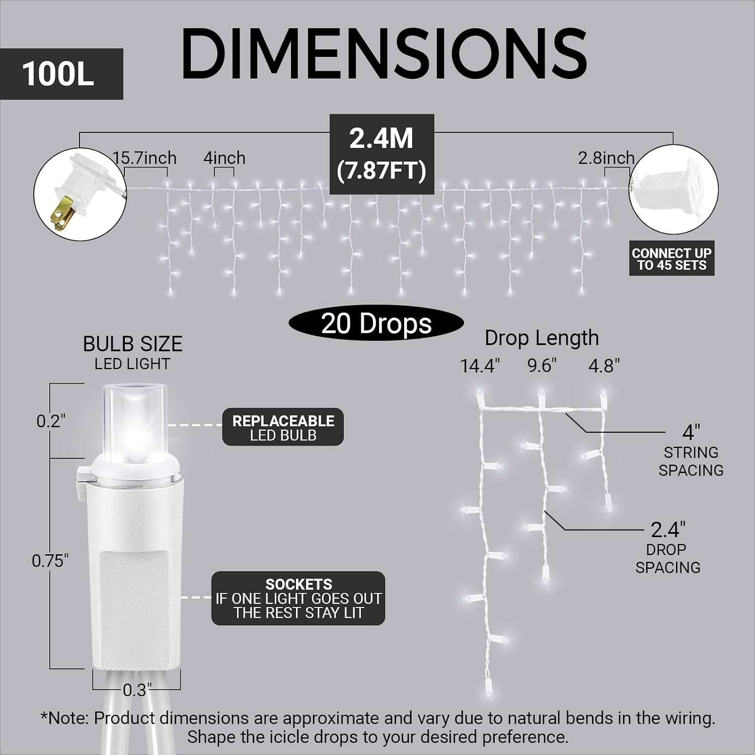 100 LED Icicle Lights String Light Warm white Christmas Decoration Plug in Waterproof Professional Grade Outdoor