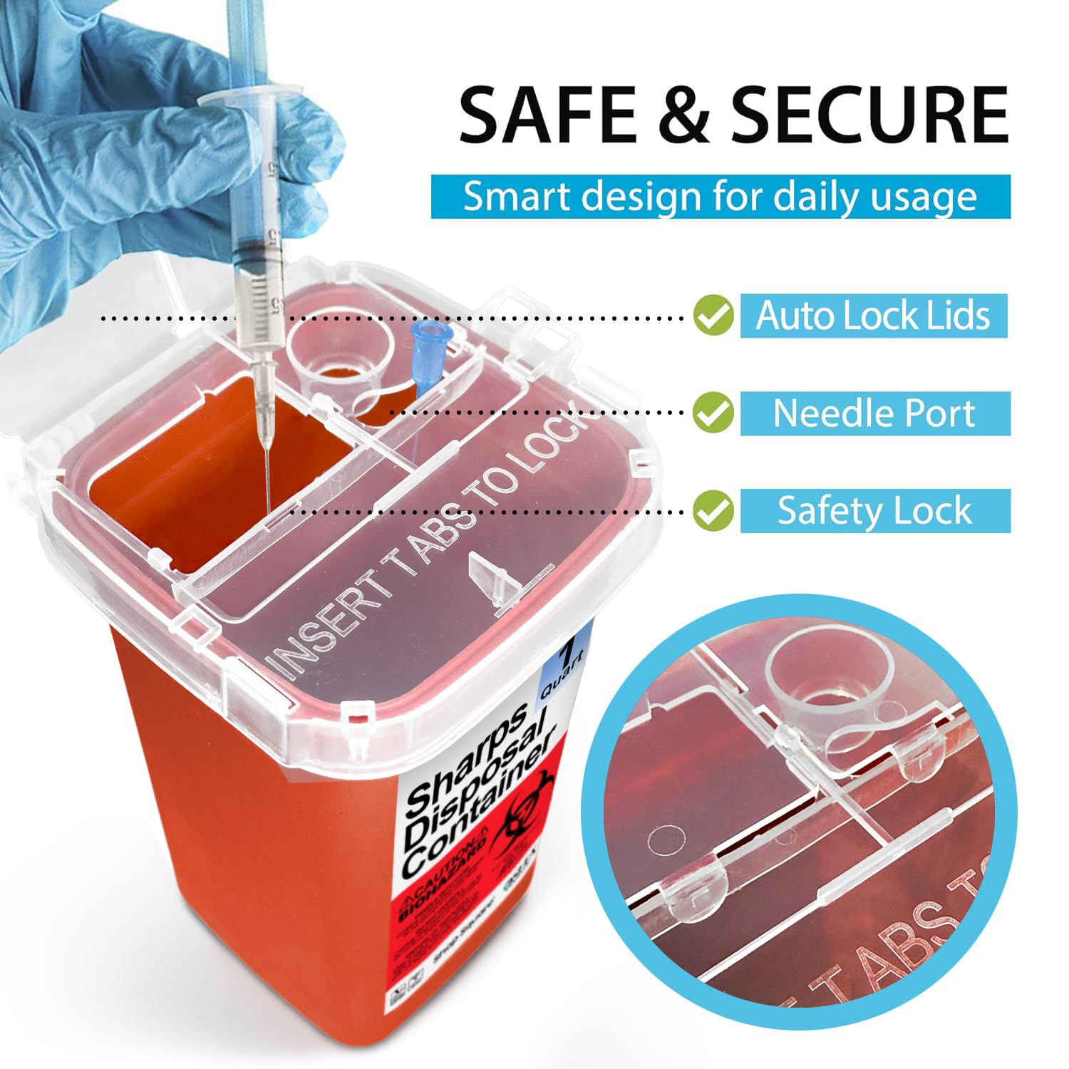 Sharps Containers for Home Use - 1 Quart (3-Pack) Biohazard Syringe and Needle Disposal Containers - Small Sharps Box