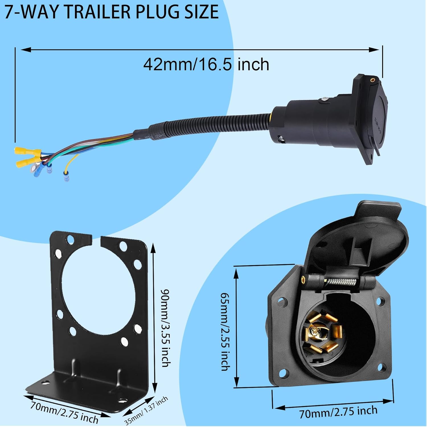 7 Way RV Trailer Light Connector Socket,7 Core Trailer Plug,7 Pin Truck Trailer Plug Quick Converter with Mounting