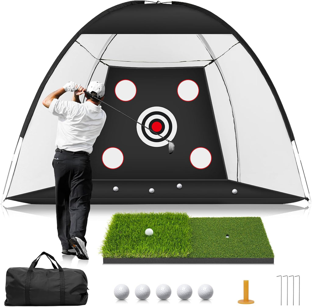 Golf Net: 10x7ft Golf Practice Net for Backyard Chipping Driving with Dual-Turf Golf Hitting Mat, All-in-1 Outdoor