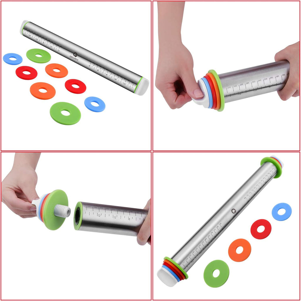 Rolling Pin and Pastry Baking Mat Set, Rolling Pins with Adjustable Thickness Rings, Stainless Steel Dough Roller for