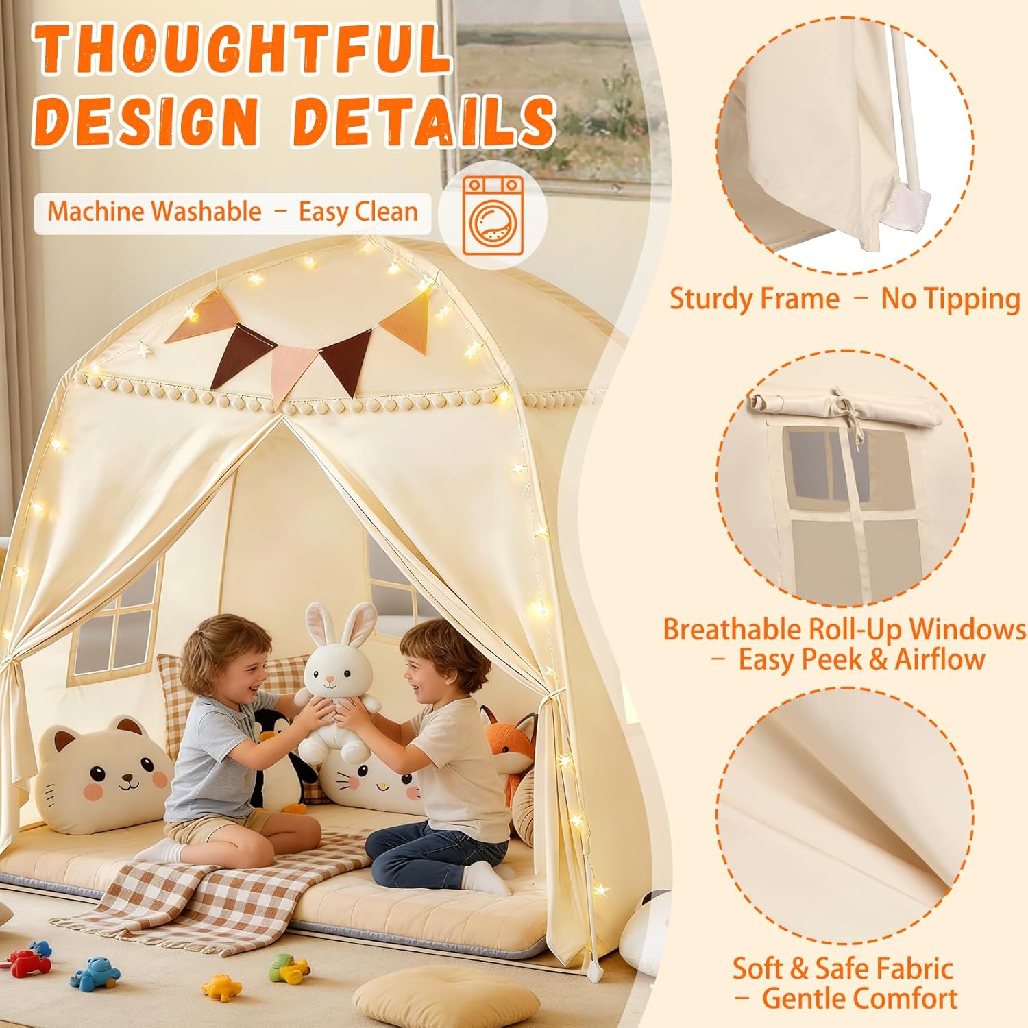 Large Teepee Tent for Kids: with Star Lights & Flags - 3-Window Cone Ball Playhouse for Indoor & Outdoor - Portable &