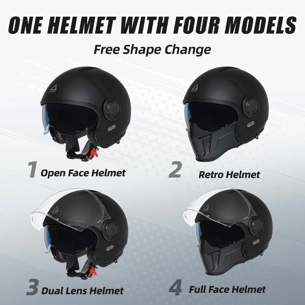 Convertible Full Face Motorcycle Helmet DOT Approved for Men Women | Detachable mask transforms to 3/4 open face