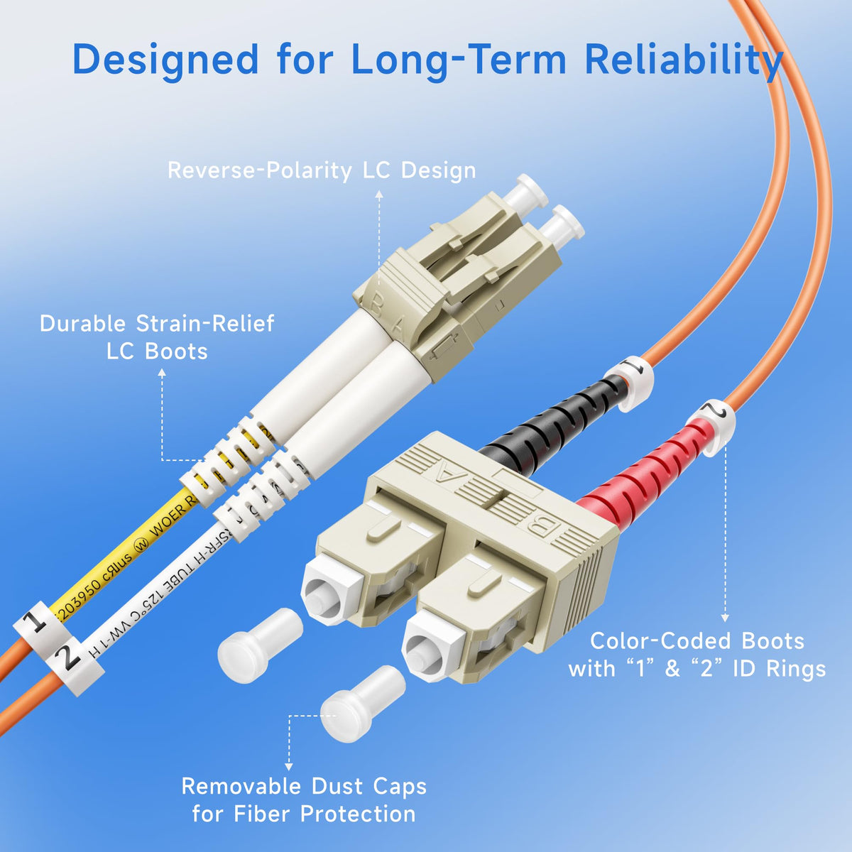 10Gb OM1 SC to LC Plenum Fiber Optic Cable, 9.8ft / 3m