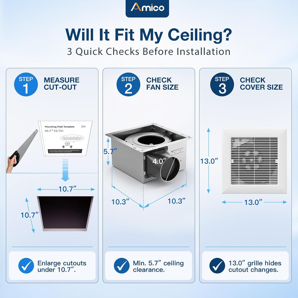 Amico Bathroom Exhaust Fan, 1.5 Sones, 160 CFM, No Attic Access Needed