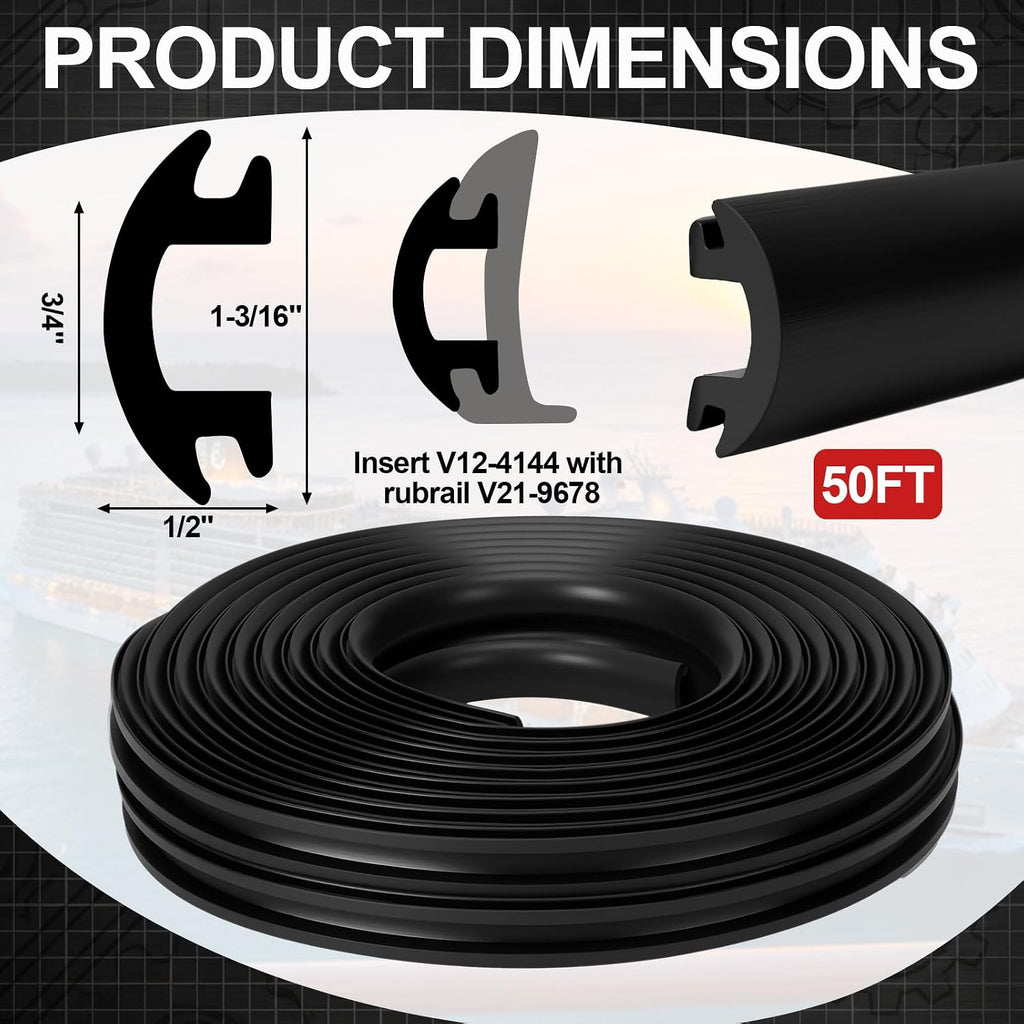 DaisyInner 50 ft Vinyl Rub Rail Insert, 1-3/16 x 1/2 Inch, Black
