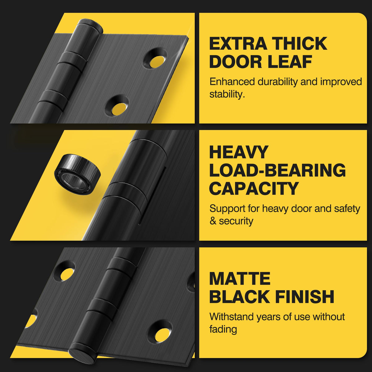 Ball Bearing Door Hinges, 4 x 4 Inches, Matte Black, 3 Pack