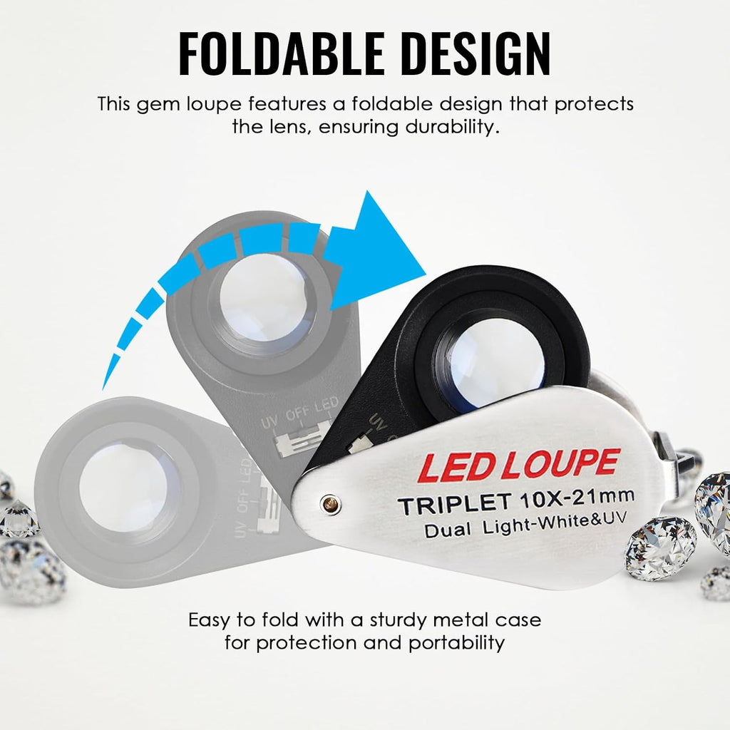 10x Foldable Pocket Magnifier Loupe with UV and LED Light for Jewelry, Rocks, Coins, and Antiques - Illuminated