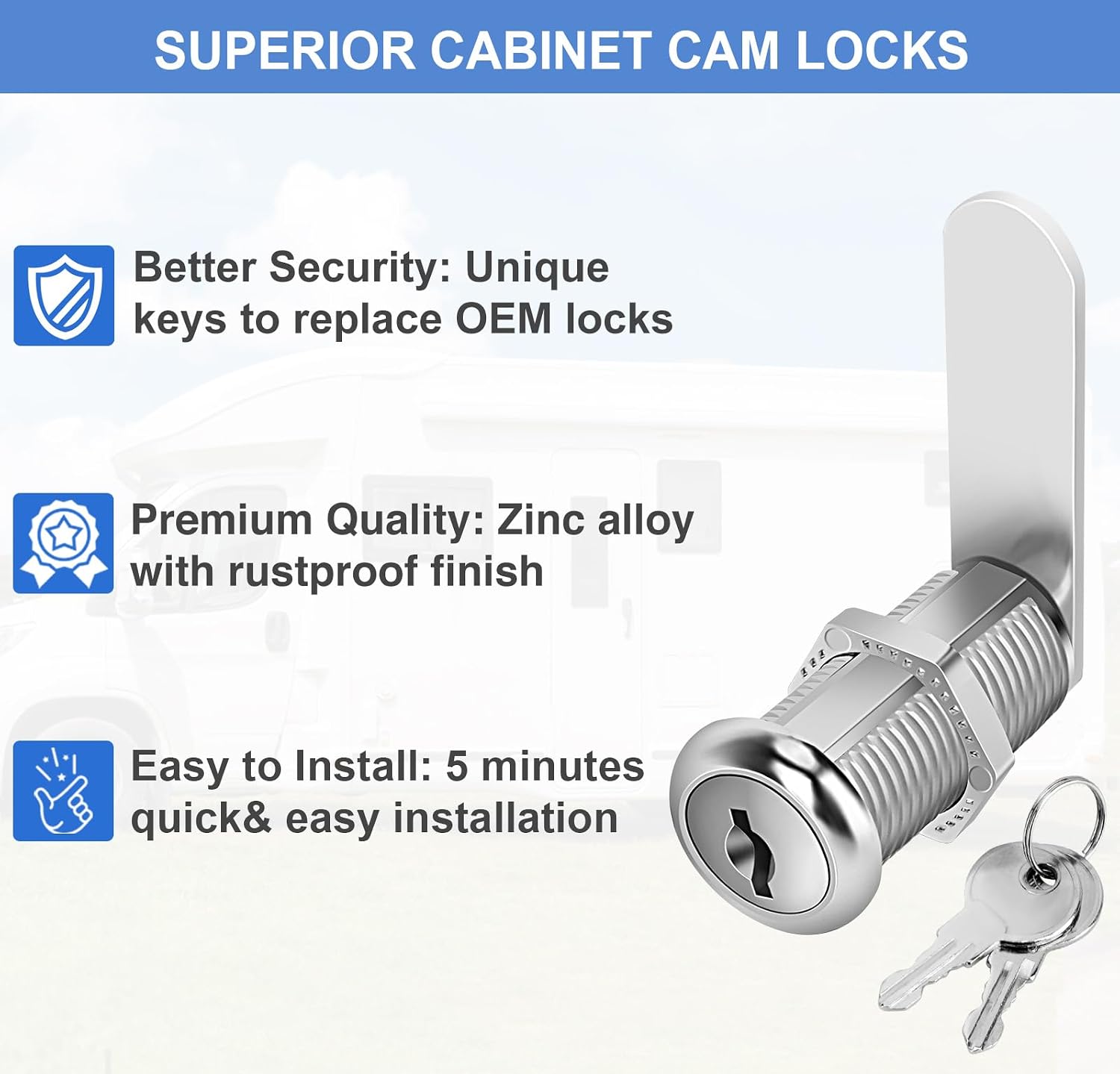 Cabinet Locks with Keys, 1-1/2" Long Cam Locks keyed Alike, Cabinet Cam Lock Set for Cabinets, RV Storage, Tool Box