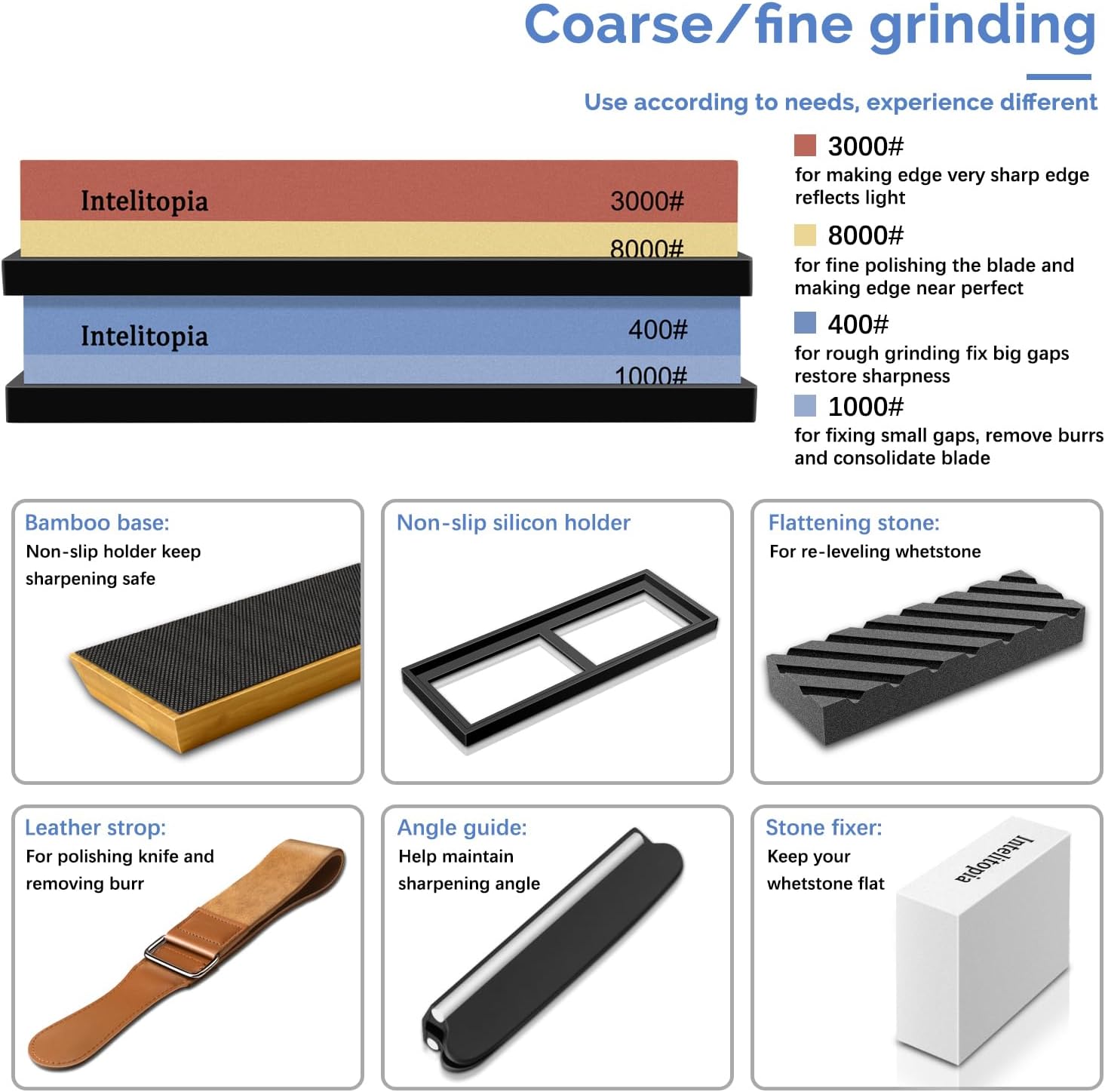 Complete Knife Sharpening Stone Set – Dual Grit Whetstone 400/1000 3000/8000 Knife Sharpener with Leather Strop