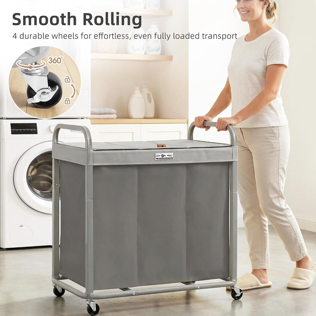 3 Section Laundry Sorter, 60 Gal. Laundry Hamper Cart with Heavy Duty Rolling Lockable Wheels and Removable Bags