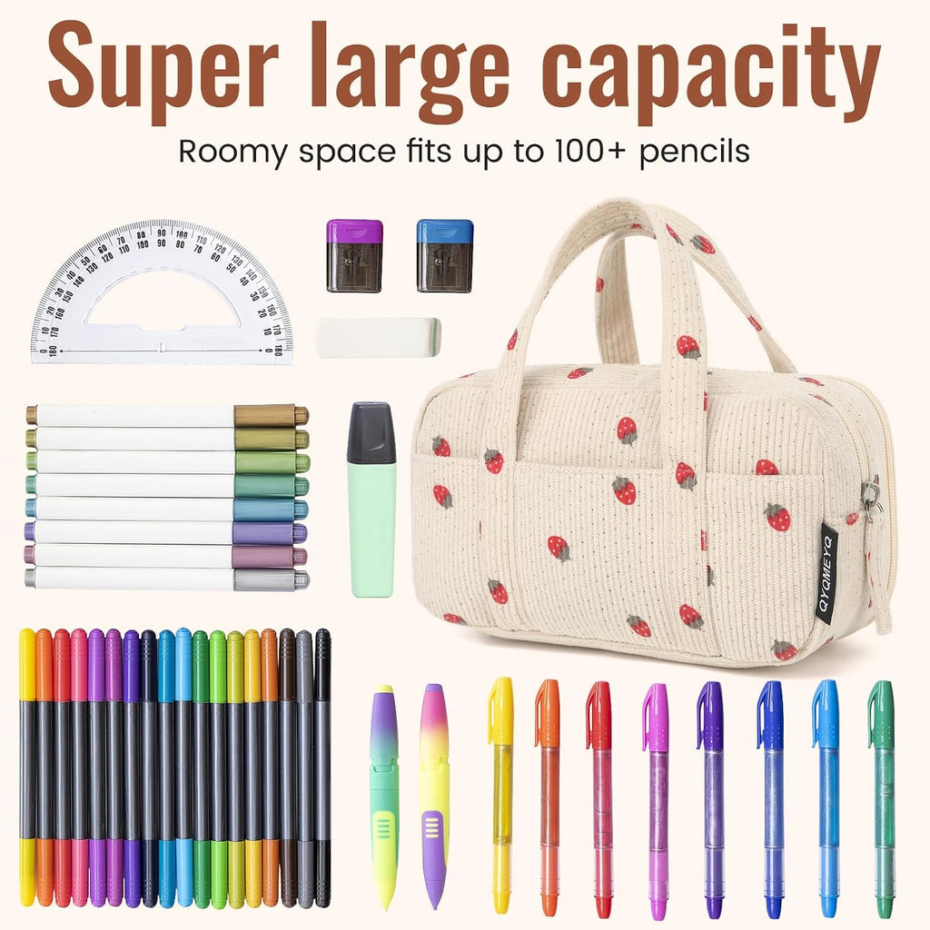 Large Pencil Case Pouch, Extra Big Pencil Bags with Zipper, Cute Corduroy Pencil Pouch with 5 Compartments, Pen Bag