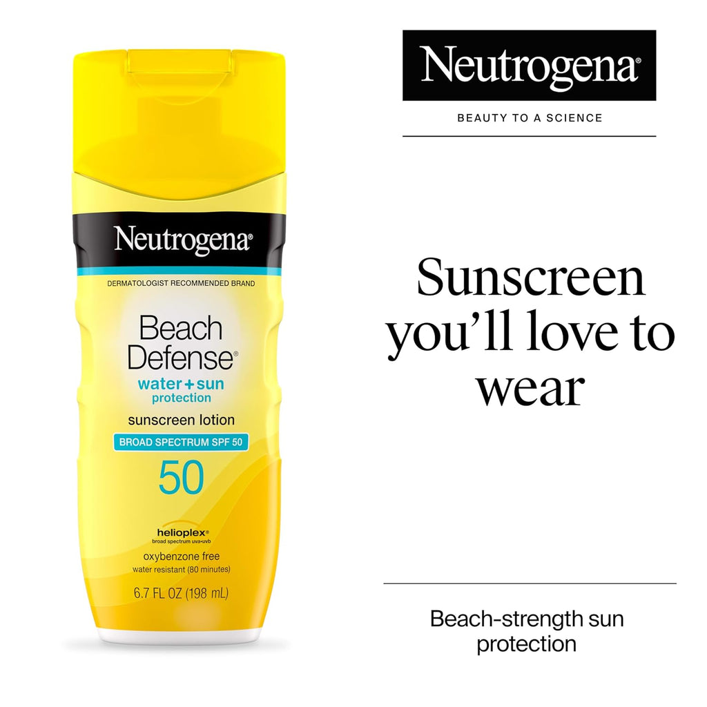 Neutrogena Sunscreen Lotion Beach Defense SPF 50, Face and Body Sunscreen, Hawaii Reef Act 104 Compliant, Octinoxate