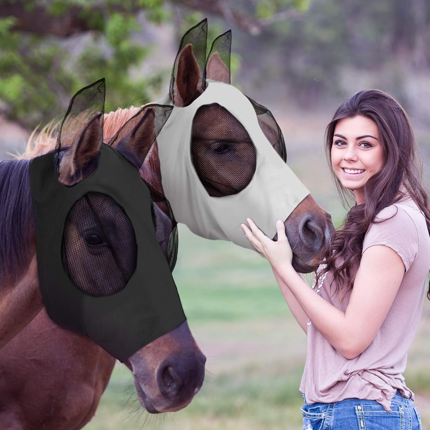 2 Pcs Horse Fly Mask with Ears, Soft Stretchy Horses Face Masks for Flies, Breathable Mesh Eye Cover, UV Protection