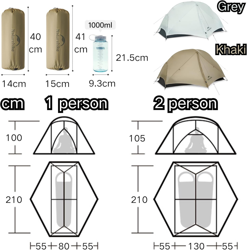 Naturehike Mongar UL Tent [2025 Upgrade] - 1-2 Person Ultralight 3 Season Camping Tent, Waterproof One Person Two
