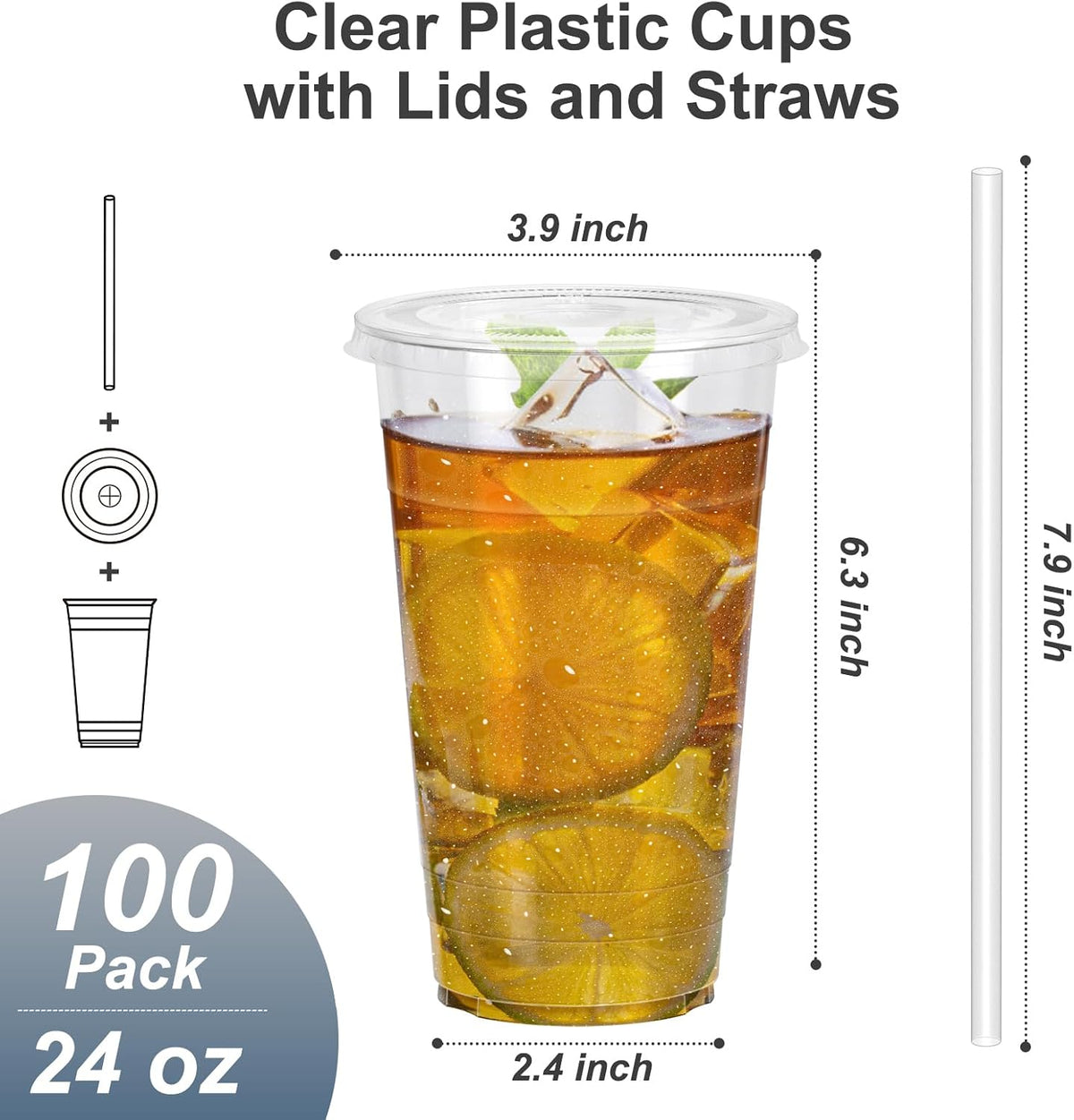 100 Pack - 24 oz Clear Plastic Cups with Lids and Straws