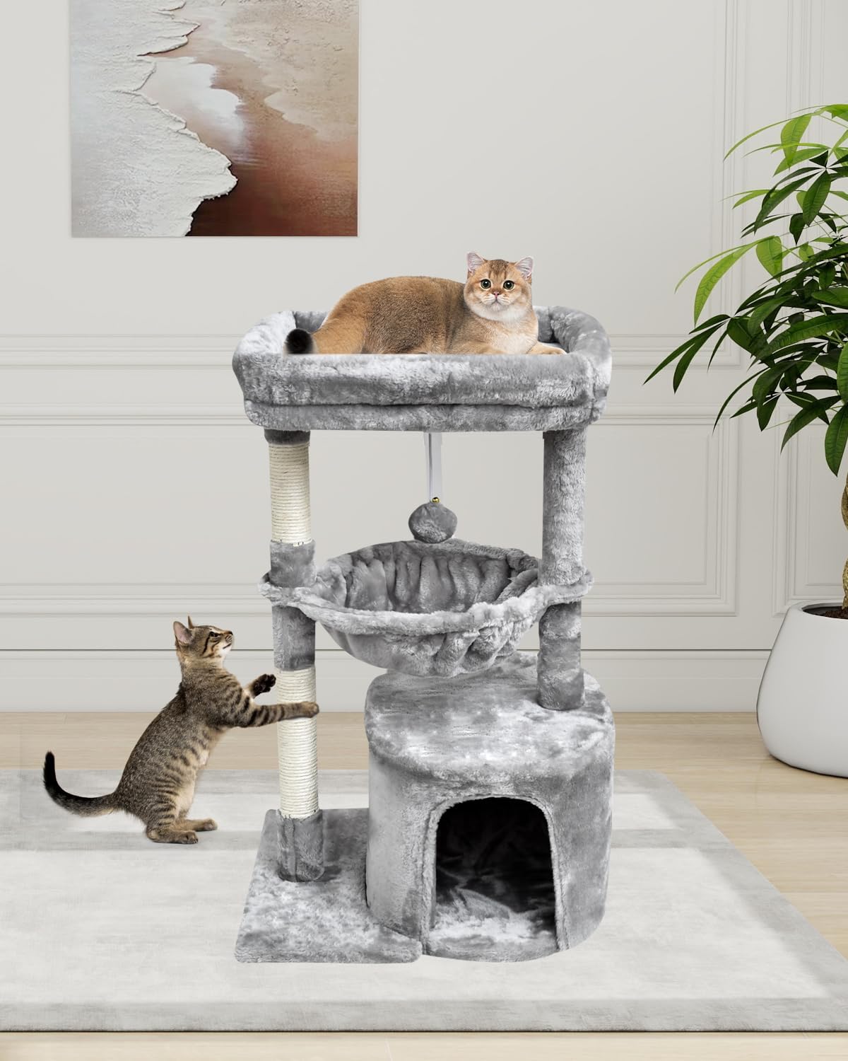 Small Cat Tree for Indoor Cats, Activity Cat Tower with Scratching Post for Kittens, Modern Cat Furniture with Basket