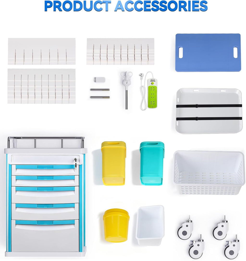 Medication Cart, Medical Rolling Storage Crash Cart with Wheels & Drawers, Ultrasound Nursing Emergency Cart with IV