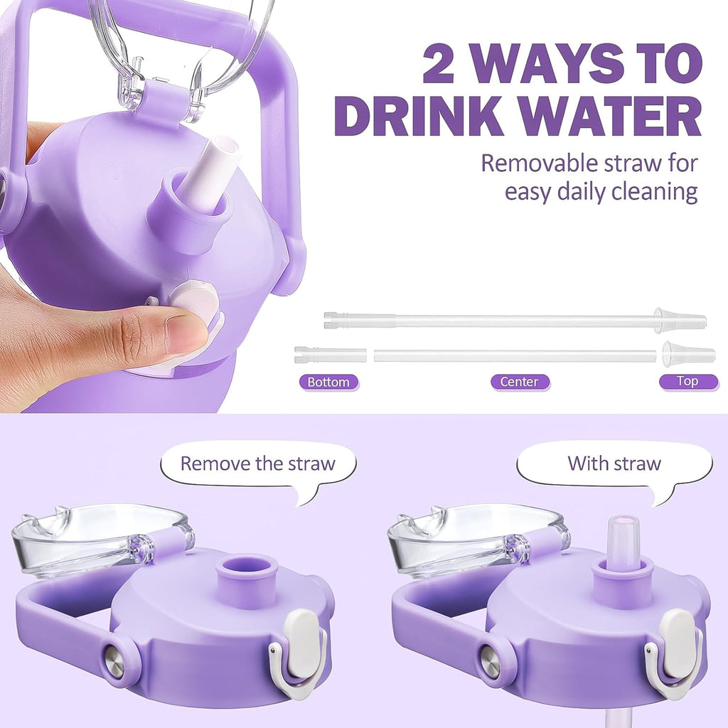 64oz Glass Water Bottles with Straw, Half Gallon Motivational Glass Bottle with Silicone Sleeve and Time Marker, 2L