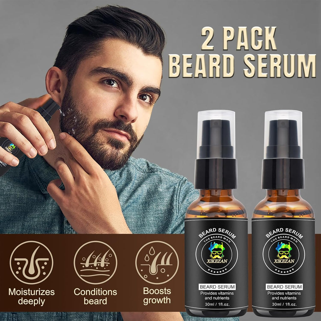 Beard Kit for Men Grooming & Care Set w/2 Pack Beard Serum, Wash, Oil, Balm, Comb, Brush, Scissor, Bag, EBook, Unique