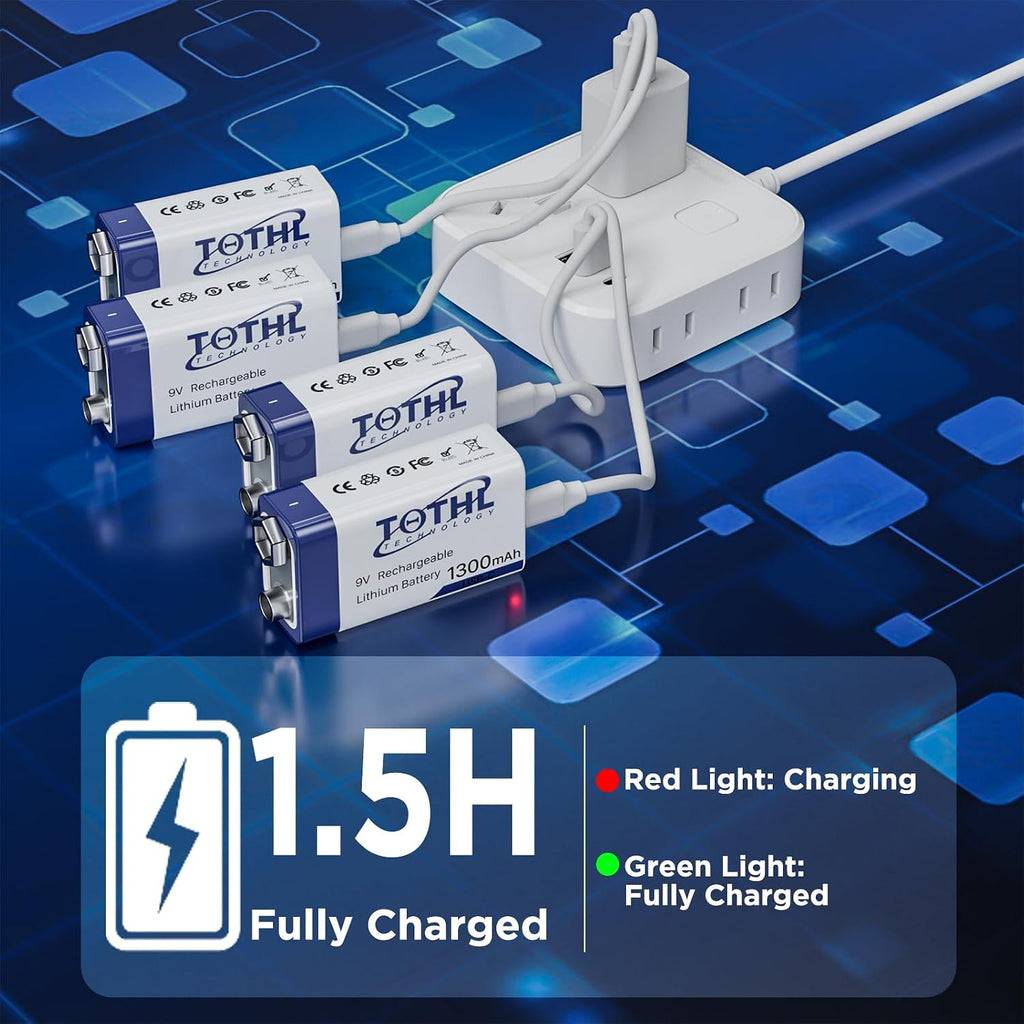 4-Packs 9V Rechargeable Batteries+Storage Box,1300mAh USB 9 Volt Lithium Batteries 2 in 1 Charging Cable Long Lasting