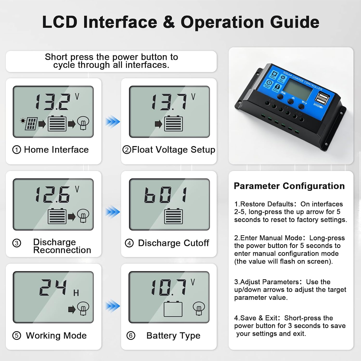 10A 12V/24V PWM Solar Charge Controller LCD Display Dual USB Timer Function | Lead-Acid & Lithium Batteries | Solar