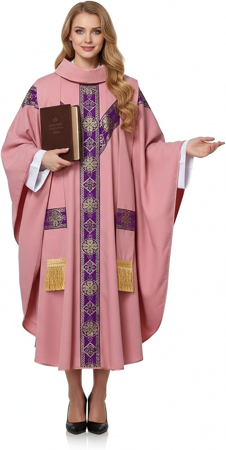 Clergy Elegance Church Vestments for Catholic Priests Chasuble Mass Apparel and Round Collar Robe With Pastor Stole