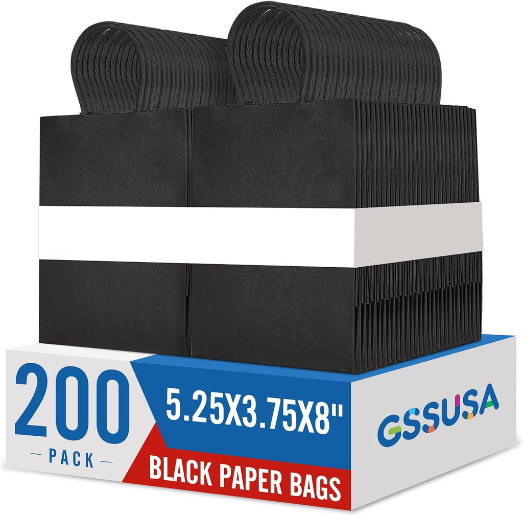Small Black Paper Gift Bags with Handles, 5.25x3.75x8, 200 Pack Bulk