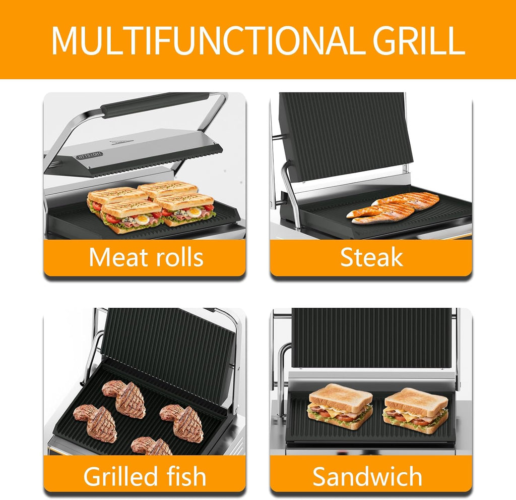 Commercial Panini Press - 2200W Commercial Panini Press Grill w/ 14"x9" Cooking Pan & Adjustable Temp, Commercial