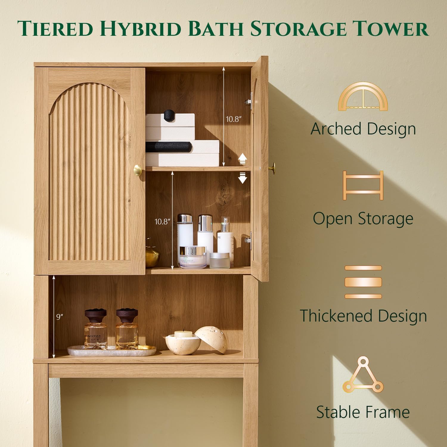 72" Over The Toilet Storage Cabinet, Modern Over Toilet Bathroom Organizer Shelf with Fluted Arched Doors, Wooden