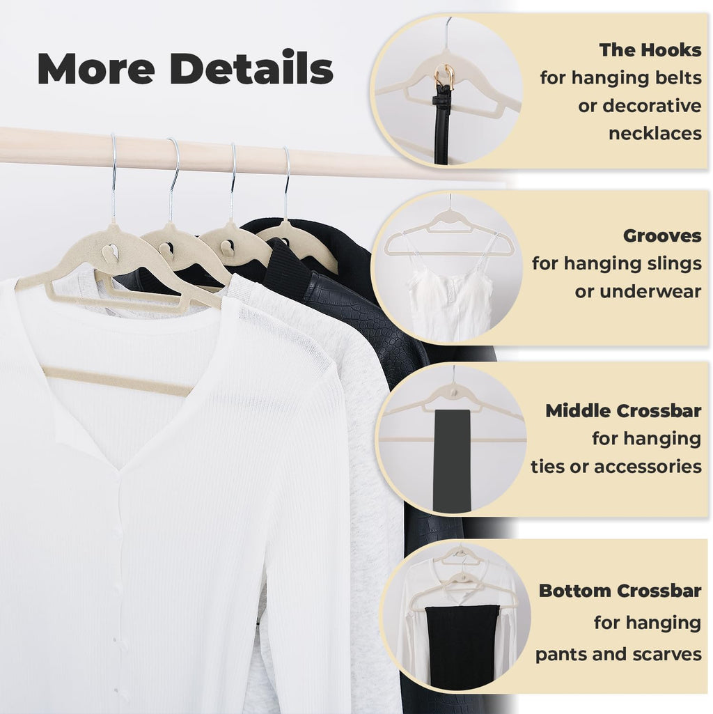 Ivory Velvet Hangers, Stackable Hanger with Non Slip Felt Fabric | Ultra Thin and Space Saving with 360° Swivel Hook